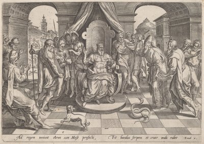Mozes en Aäron voor de Farao door Johan Wierix, after Maarten van Cleef
