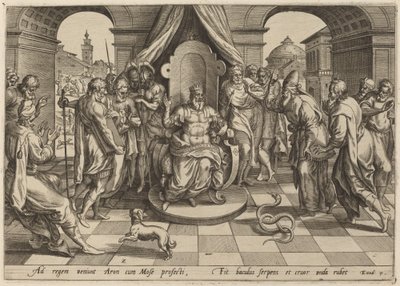 Mozes en Aaron voor de Farao door Johan Wierix, after Maarten van Cleef