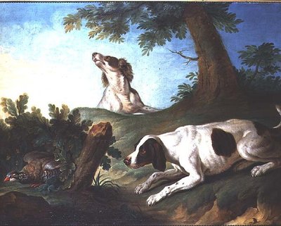 Spaniëls die een patrijs opjagen door Johann Michael Baader