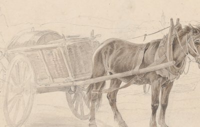 Een kar getrokken door een bruine paard bij een lantaarnpaal, Verso: Een groep bereden officieren, ca. 1815 door Johann Adam Klein