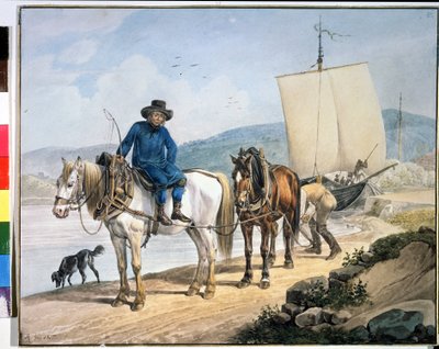 Paarden en wagen bij de rivier. door Johann Adam Klein