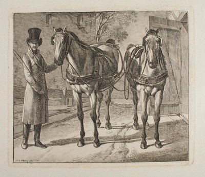 Koetspaarden met tuig door Johann Adam Klein