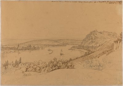 Gezicht op Koblenz met de Rijn en vesting Ehrenbreitstein (recto); Gezicht op kasteel Heidelberg (verso) door Johann Adam Klein