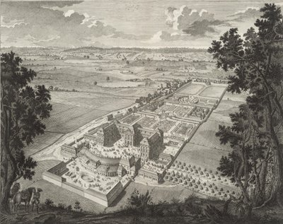 Perspectivisch vogelzicht van de menagerie op Slot Weißenstein in Pommersfelden door Johann August Corvinus