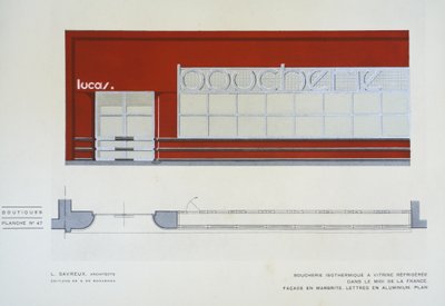 Boucherie Isothermique a Vitrine Refrigeree, L Savreux, Boutiques, Henry Delacroix, Editions S De Bonadona, Parijs, Eind jaren 1920, Pochoir Print door Johann Baptist Edler von Lampi