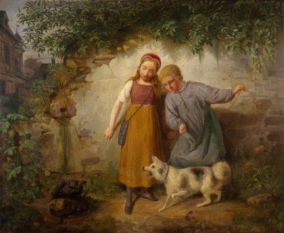Twee kinderen met een Spitz door Johann Baptist Zwecker