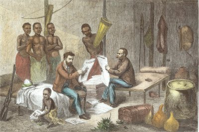 Dr. David Livingstone (1813-73) en Mr. Henry Morton Stanley (1841-1904) Ontvangen Kranten in Centraal-Afrika, gegraveerd door Pearson (later ingekleurd) door Johann Baptist Zweecker
