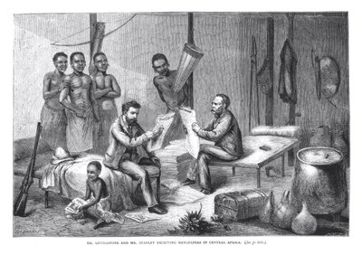 Dr. David Livingstone (1813-73) en Mr. Henry Morton Stanley (1841-1904) ontvangen kranten in Centraal-Afrika, gegraveerd door Pearson door Johann Baptist Zweecker