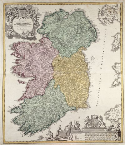 Kaart van Ierland met de provincies Ulster, Munster, Connaught en Leinster, door Johann B. Homann, ca.1730 (handgekleurde gravure) door Johann Baptista Homann
