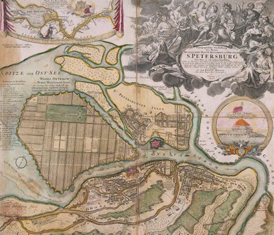 Kaart van Petersburg Sint-Petersburg masterplan, ca. 1718-1719 door Johann Baptista Homann