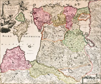 De Oostzee Uit: Baltikum Ducatuum Livoniae et Curlandiae cum vicinis Insulis Nova Exhibitio Geographica, ca. 1720 door Johann Baptista Homann
