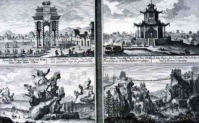 Vier Zichten van een Chinese Triomfboog, een Pagode in Sinkicien in de Provincie Xantum, Kunstmatige Bergen en Grotten en een Kettingbrug nabij de stad Kingtung, China, uit 