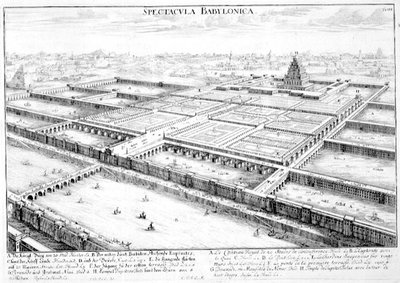 Uitzicht op het oude Babylon met de Hangende Tuinen en de Tempel van Jupiter Belus, plaat 3 uit 