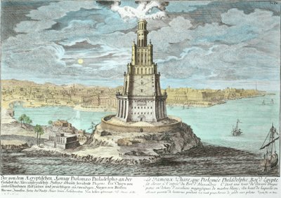 Vuurtoren van Alexandrië, gebouwd door Ptolemaeus de Grote, Egypte, uit Entwurf einer historischen Architektur, gegraveerd door Johann Adam Delsenbach, 1721 door Johann Bernhard Fischer von Erlach