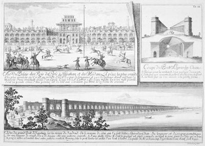 Het Koninklijk Paleis in Isfahan, een dwarsdoorsnede van de Alyverdy-Chan Isfahan Brug en een uitzicht op de Alyverdy-Chan Isfahan Brug, uit Entwurf einer historischen Architektur, gegraveerd door Johann Adam De door Johann Bernhard Fischer von Erlach