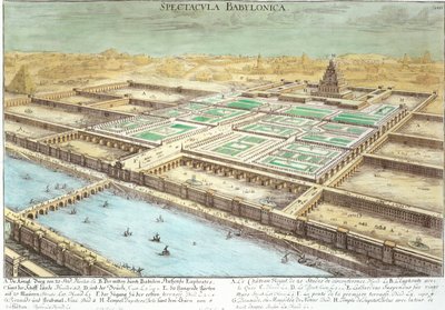 Uitzicht op het oude Babylon met de hangende tuinen en de tempel van Jupiter Belus, plaat 3 uit 