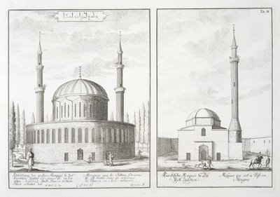 Uitzicht op een moskee in Bursa en een moskee in Hongarije, uit 