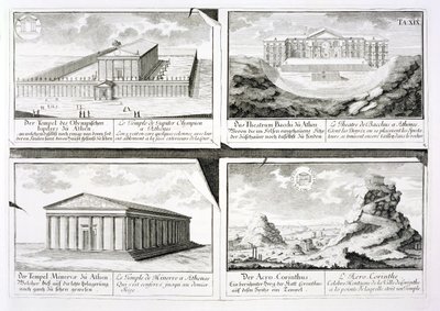 Zichten op vier klassieke gebouwen: De Tempel van Olympische Zeus, het Theater van Dionysus in Athene, de Tempel van Athena in Athene en een Tempel in Korinthe, uit Entwurf einer historischen Architektur door Johann Bernhard Fischer von Erlach