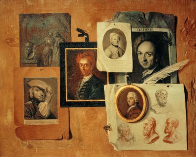 Quodlibet met portretten van tijdgenoten en antieke hoofden door Johann Caspar Füssli