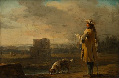 Man met hond in landschap door Johann Christian Brand
