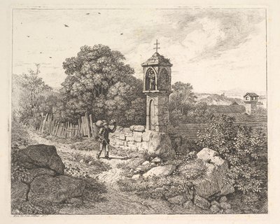 Een boer begroet het standbeeld van Maria door Johann Christian Erhard