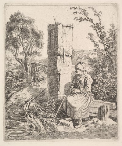 Een oude dame zittend bij een pilaar aan de kant van de weg, 1819 door Johann Christian Erhard