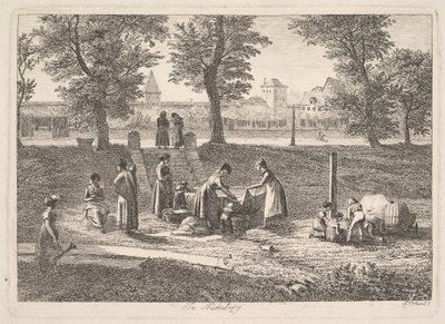 Buitenscène van vrouwen in huishoudelijke activiteiten in Neurenberg, 19e eeuw door Johann Christian Erhard