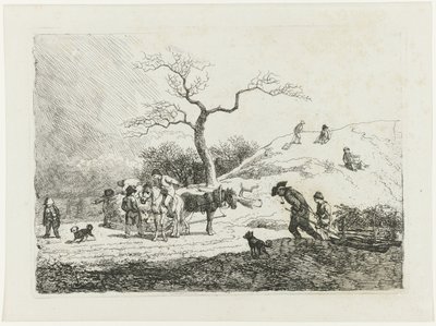 Winterlandschap met sleënde kinderen en verschillende treksleden door Johann Christian Klengel