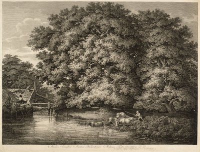Een boer die zijn vee het water in drijft door Johann Christian Reinhart