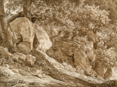Rotsachtig landschap met Pan die zijn fluit speelt (In het park van de Villa Chigi, Ariccia) door Johann Christian Reinhart