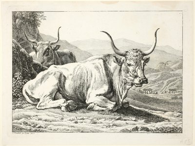 Twee rustende Romeinse stieren, uit Die Zwiete Thierfolge door Johann Christian Reinhart