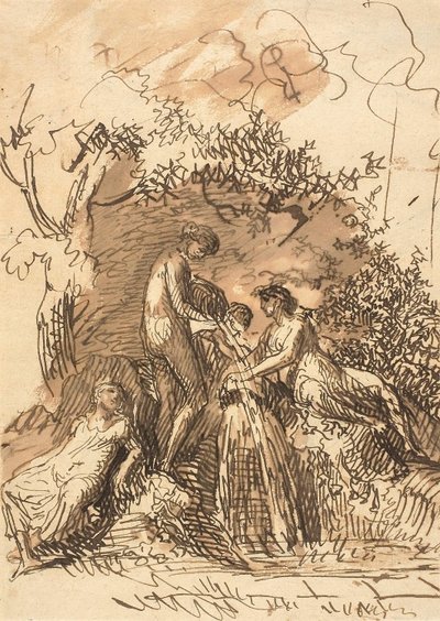 Jonge meisjes bij een fontein (recto); Fragment van schets van benen (verso) door Johann Christian Reinhart