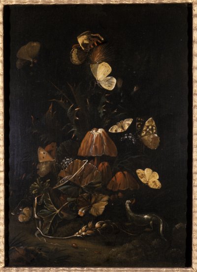 Bloemen met vlinders en hagedis door Johann Christian Thomas Winck