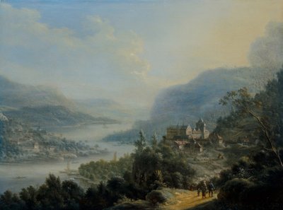 Uitgestrekt Rijnlands landschap met reizigers op een weg bij een kasteel door Johann Christian Vollerdt or Vollaert