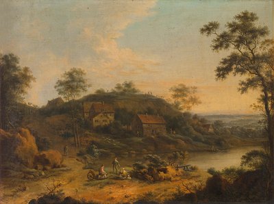 Heuvelachtig landschap met boerderijen door Johann Christian Vollerdt or Vollaert