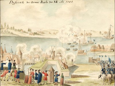 Karel XII steekt de Düna over door Johann Christoph Brotze