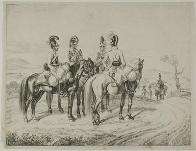 Vier kurassiers op een helling door Johann Christoph Erhard
