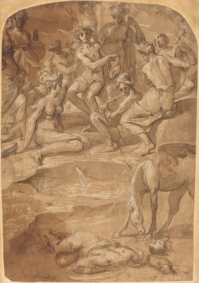 Apollo en de Muzen op de Berg Parnassus door Johann Christoph Storer