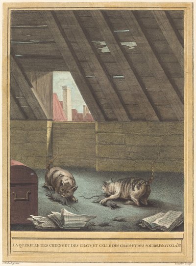 De ruzie van katten en honden, en die van katten en muizen door Johann Christoph Teucher after Jean Baptiste Oudry