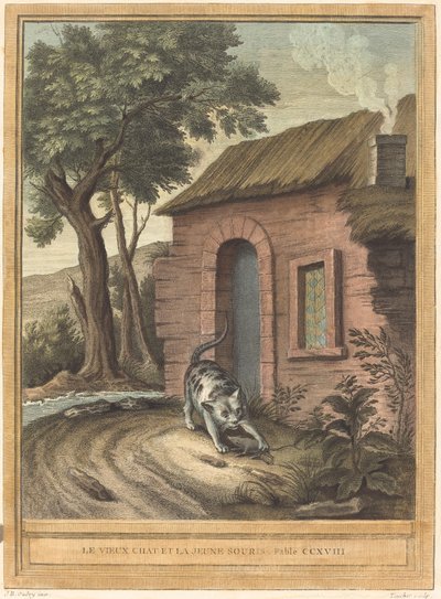 De oude kat en de jonge muis door Johann Christoph Teucher after Jean Baptiste Oudry