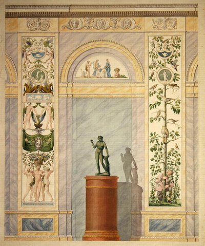 Tekening van de decoratie voor de achterwand van de eetzaal van het paleis in Kassel door Johann Conrad Bromeis
