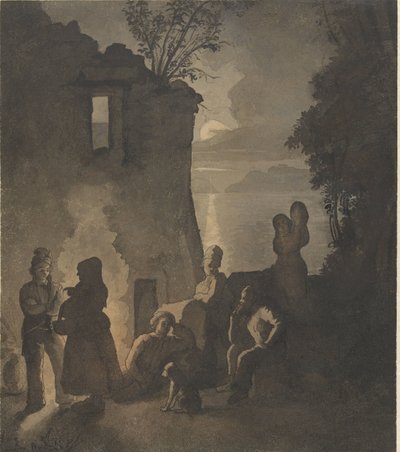 Rustende savoyards bij een vuur aan de oever van een meer bij avond door Johann Conrad Seekatz