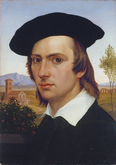 Zelfportret met baret voor een Romeins landschap door Johann David Passavant