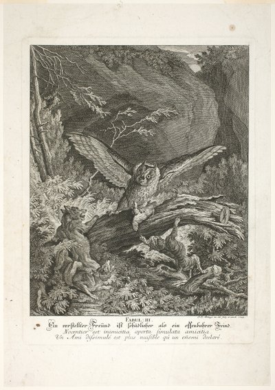 Fabel III, plaat drie uit Lehrreiche Fabeln aus dem Reiche der Theire door Johann Elias Ridinger