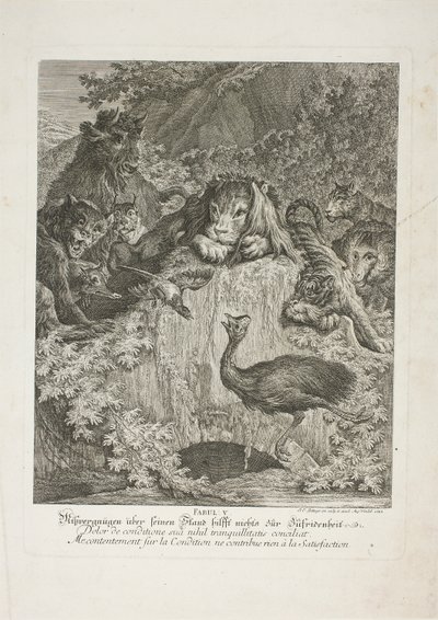 Fabel V, plaat vijf uit Lehrreiche Fabeln aus dem Reiche der Theire door Johann Elias Ridinger
