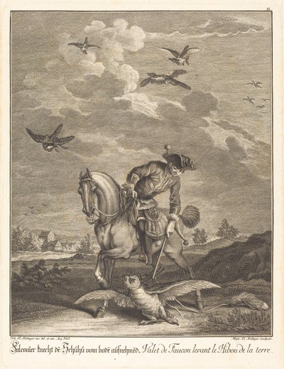 Valkenier tilt een uil van de grond door Johann Elias Ridinger