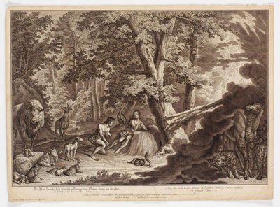God ontdekt dat Adam en Eva van de boom der kennis hebben gegeten door Johann Elias Ridinger