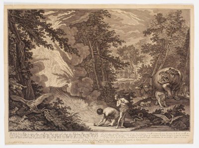God ontdekt dat Adam en Eva van de boom hebben gegeten door Johann Elias Ridinger