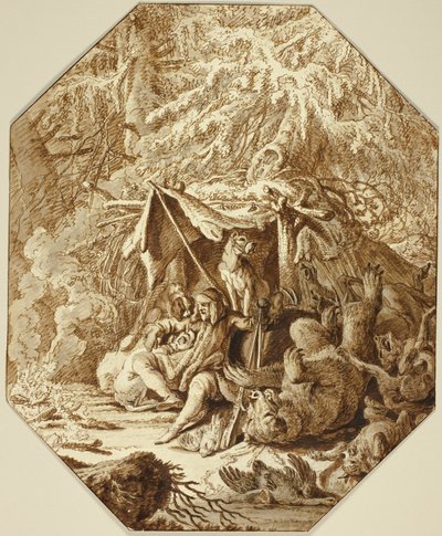 De gedurfde jager, volhardend in de winter door Johann Elias Ridinger