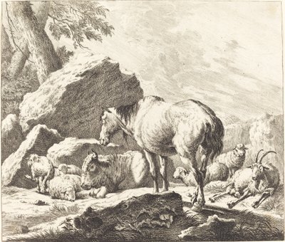 Een Paard, Buffel, Schaap en Geit in een Italiaans Landschap door Johann Elias Ridinger after Johann Heinrich Roos